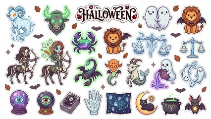 Obraz premium Cute Halloween Zodiac and Horoscope Sticker Set with Haunted Aries Ram, Ghost Gemini Twins, Magical Zodiac Signs and Astrology Vector Collection