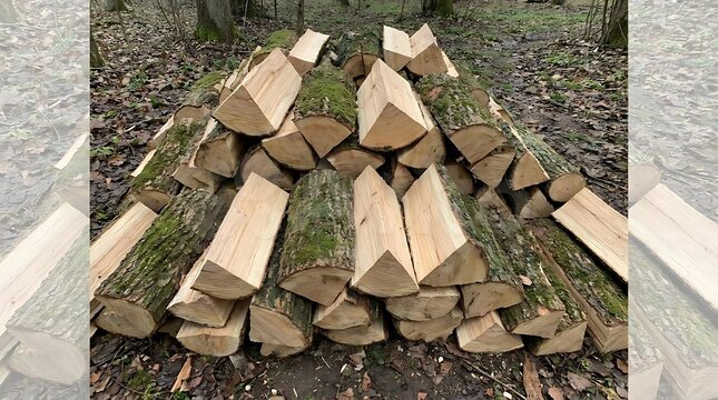 Stack of split wood logs for fuel and outdoor use