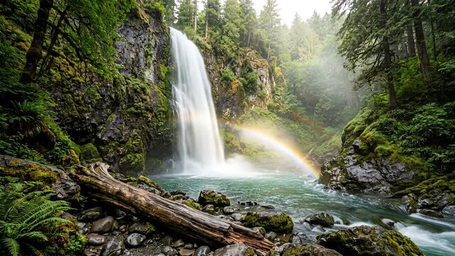 waterfall forest scene with lush greenery, mist, and rocky pool