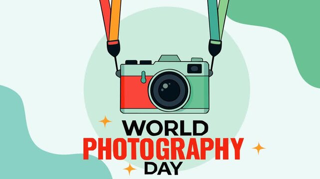 Modern World Photography Day concept featuring a hanging retro camera, bold typography, and clean copy space
