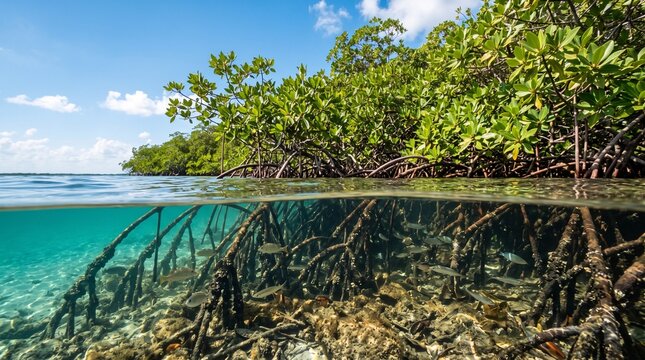 Mangrove Ecosystem: A vibrant mangrove forest showcasing the intricate root system underwater and lush green canopy above, with small fish swimming among the roots in clear turquoise water.
