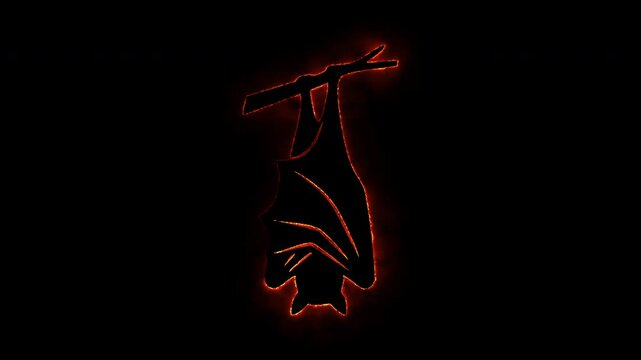 Spooky bat hanging upside down on branch with glowing fiery outline at night, Halloween theme.