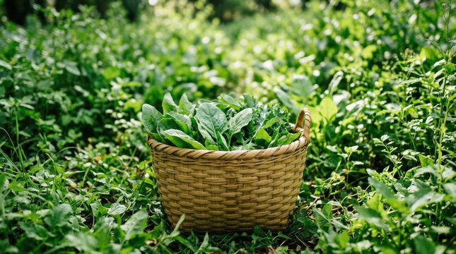 Bamboo basket filled with fresh green leaves, surrounded by blurry field