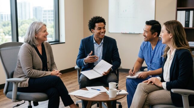 Meeting room discussion with diverse group of individuals in modern office setting