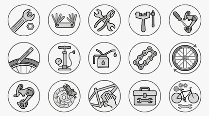 Fototapeta premium Sleek Monochromatic Line Icons Set of Modern Tools and Equipment for Bike Repair and Maintenance