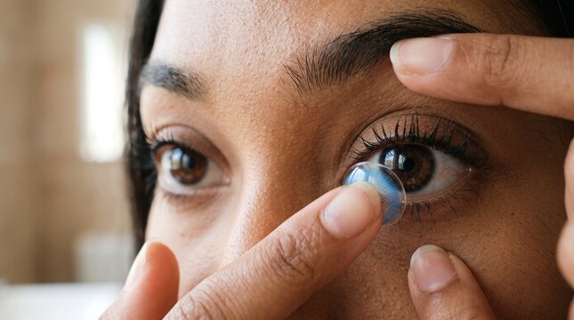 close up of a woman eye applying blue contact lenses
