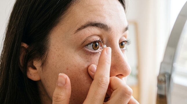 close up of a woman eye applying contact lenses