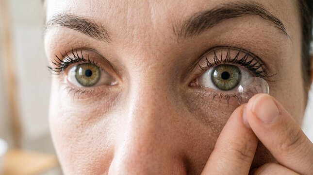 close up of a woman eye applying clear contact lenses