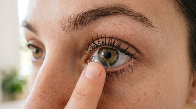 close up of a woman eye applying grey contact lenses