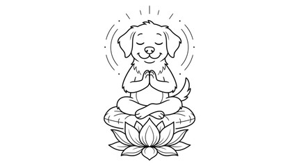 Fototapeta premium Cute golden retriever meditating with lotus flower. Relaxed dog practicing mindfulness and yoga in serene pose.