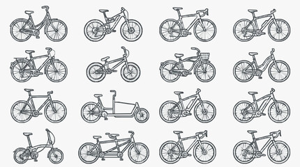 Minimalist Black and White Line Drawing Collection of 16 Unique Bicycle Designs and Styles with high quality professional line art symbols for modern creative design and digital branding projects © Man