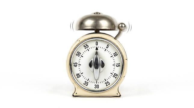 Vintage kitchen timer with metal bell isolated on white background