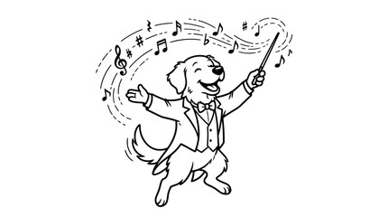 Obraz premium Cartoon dog conducting an invisible orchestra with baton. Animated canine maestro leading musical notes in playful performance.