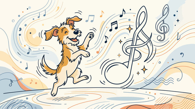 Happy dog dancing to music with colorful notes. Playful cartoon beagle grooving to melody in vibrant abstract background.