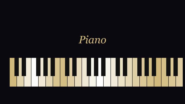 Animated piano keyboard playing music notes with gold highlighted keys for musical education and performance animation 4k background