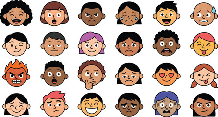 Fototapeta premium Diverse People Face Emoji Icon Vector Set Showing Different Emotional Expressions Like Happy, Sad, Angry, and Scared for Communication Apps and Digital Social Media Designs