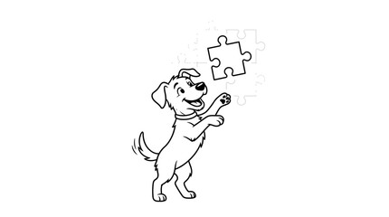 Obraz premium Cute dog solving puzzle game with large piece. Playful pet engaging in brain training activity for mental stimulation.