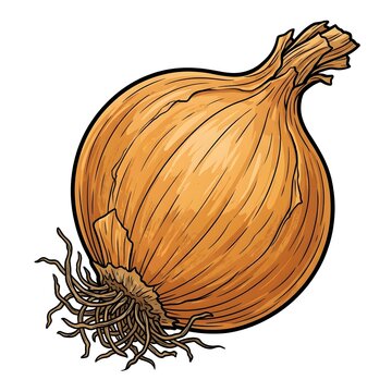 Detailed vector artwork of a whole yellow onion with roots, isolated on white. Perfect for recipe cards, cooking blogs, and agricultural market designs.
