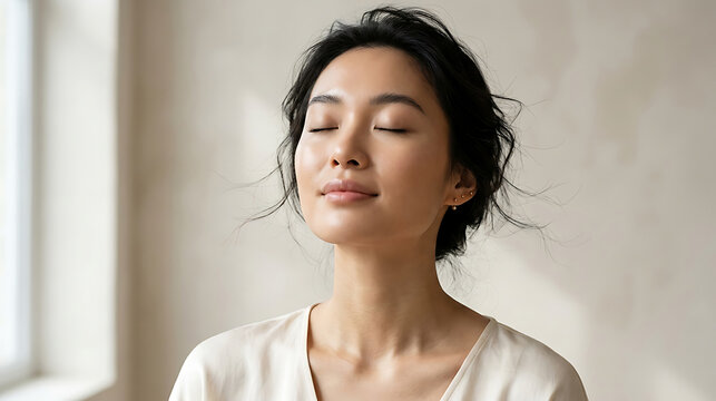 Calm asian woman practicing mindfulness meditation and deep breathing at home with meditation mindfulness breathing wellness peaceful relaxation portrait lifestyle serenity wellbeing