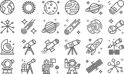 Collection of space astronomy and celestial exploration icons isolated on transparent background © md