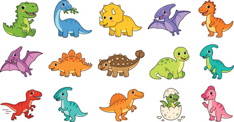 Cute Kawaii Baby Dinosaur Character Vector Sticker Set Featuring Tyrannosaurus Rex, Triceratops, Brachiosaurus, and Stegosaurus for Kids Graphic Nursery Decor © Remi