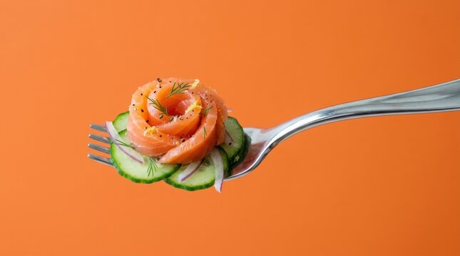 Fork with Delicious Salmon Fillet, Cucumber, Onion, Salad on Orange Background - Closeup of food it