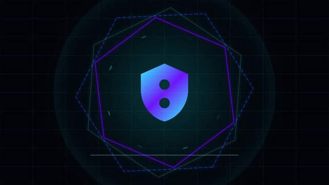 Digital shield icon with futuristic geometric patterns and glowing effect.