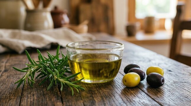 Golden Olive Oil in Glass Bowl Surrounded by Fresh Olives and Herbs The of shines like