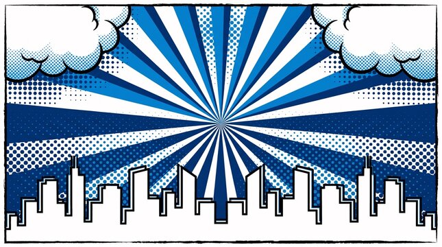 Dark navy blue skyline with dramatic vintage radial rays and comic clouds creating a striking urban background for posters, banners, and digital media.