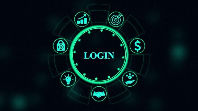Digital login concept featuring a glowing cyan circular interface with business and symbols on a dark background with subtle gear patterns