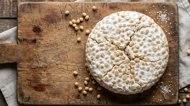 Tempeh cake with scattered soybeans and sea salt crystals on a rustic wooden board surface.