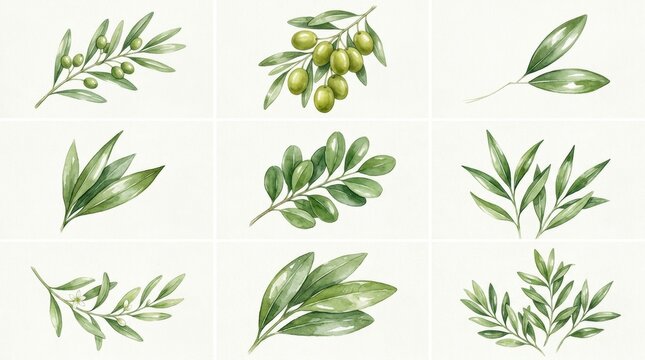 Watercolor Olive Leaf Botanical Collection on White Background - Symbolizing Peace. natural elements
