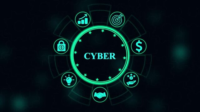Digital cyber concept featuring a glowing cyan circular interface with business and symbols on a dark background with subtle gear patterns