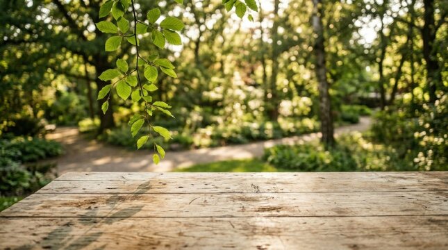 Rustic Wooden Surface Perfect for Product Montage with Natural Park Background - set against a background