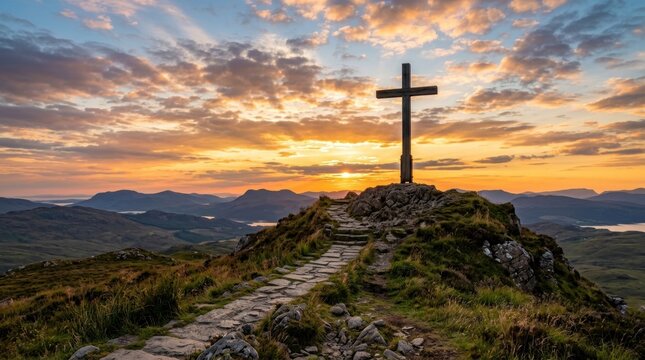 Religious Pathway Leading to Cross: Symbolic Visual of Spiritual Journey on Good with a cross at the end