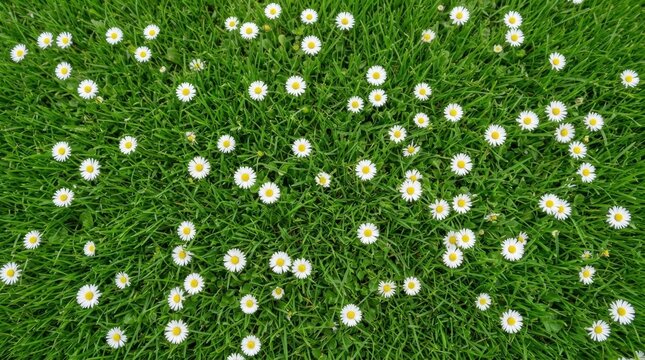 Top View of Lush Green Meadow With Abundant White Daisies, Perfect Copy Summer daisies A beautiful