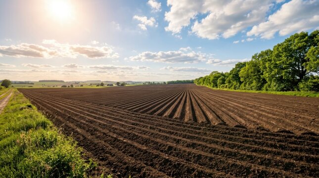 Spring Tilled Agricultural Field: Land Ready for Cultivation with Copy Space, Ideal field in Farmland prepared