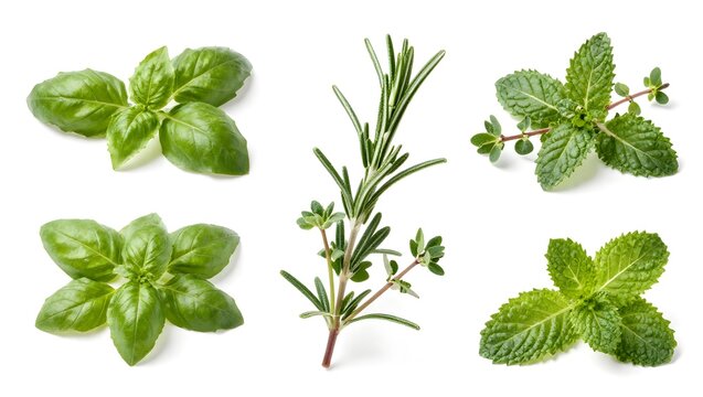 A collection of fresh green culinary herbs including basil leaves rosemary sprigs and mint arranged on white