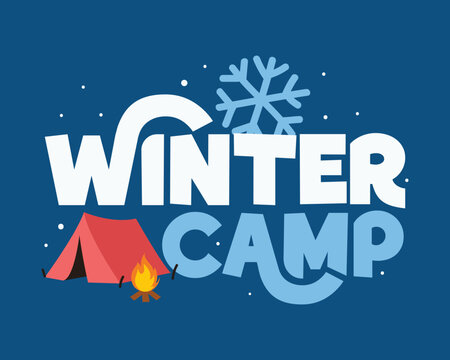 Winter camp typography banner design with red tent campfire and snowflake vector illustration. Outdoor adventure typography background for winter camping event poster, banner, card.