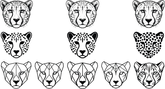 Cheetah and Leopard Head Vector Icon Set Featuring Detailed Sketch, Flat Stencil, and Geometric Polygonal Line Art Styles for Logo Design
