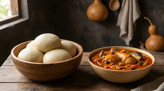 Steamed bao buns in wooden bowl next to bowl of spicy chicken curry on rustic table top.