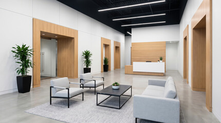 Fototapeta premium Modern Office Lobby and Reception Area with Minimalist Furniture and Wooden Accents