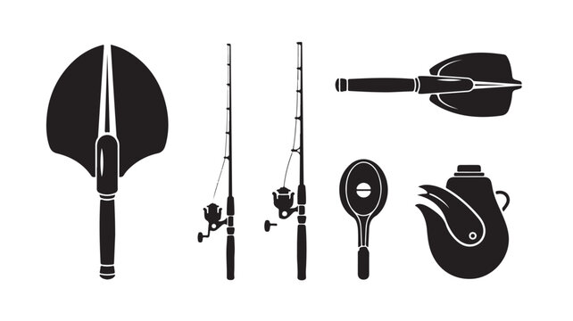 Set of various fishing lures and tackle equipment on white background.