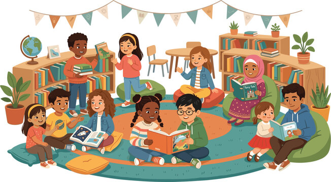 Diverse cartoon children reading storybooks in cozy school library vector illustration for elementary kindergarten education and learning concept banner design