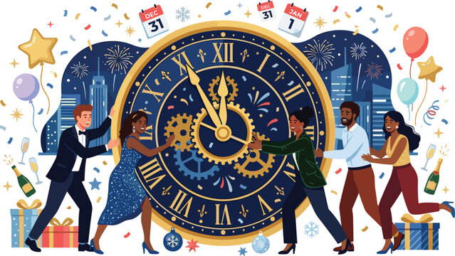 Diverse friends changing big clock hands to midnight celebrating New Year Eve countdown event flat vector illustration on white background