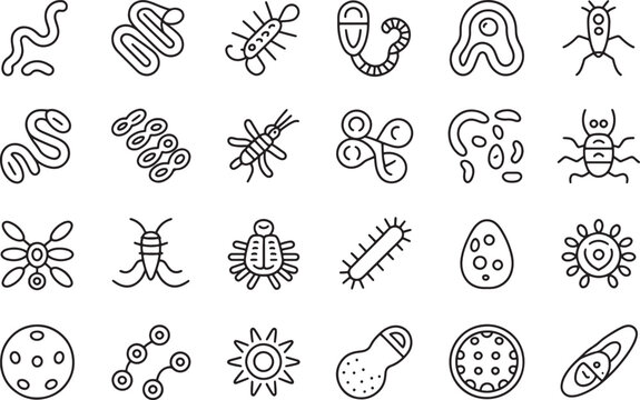 Collection of various microscopic organisms and parasites illustrated in simple line art style