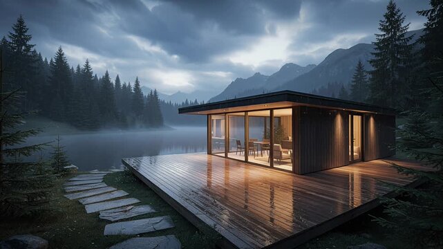 lakefront cabin with glass walls on wooden deck by misty mountains and lake