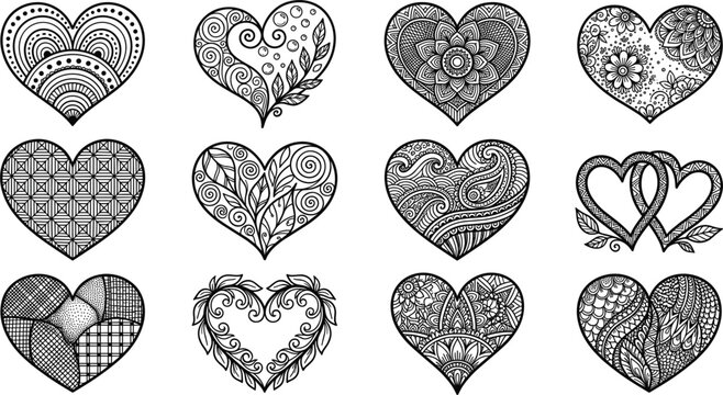 Decorative Heart Shape Icon Set with Mandala and Floral Patterns for Valentine Day, Wedding Invitations, Tattoos, and Greeting Card Designs