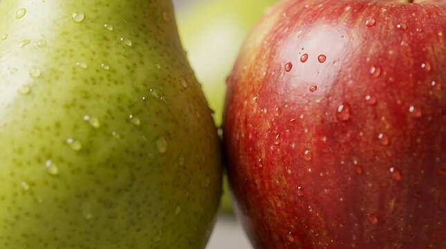 Close-up of fresh red apple and green pear with water droplets for apfel und birne class prompt engineer marketing and high-quality food photography