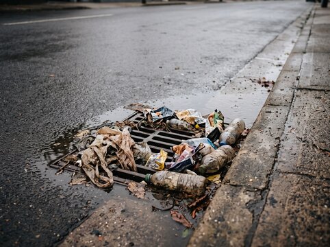 Street Gutter Clog: Plastic bottles and various debris choke a street gutter, overflowing onto the wet asphalt and roadside, highlighting urban pollution and waste management issues.